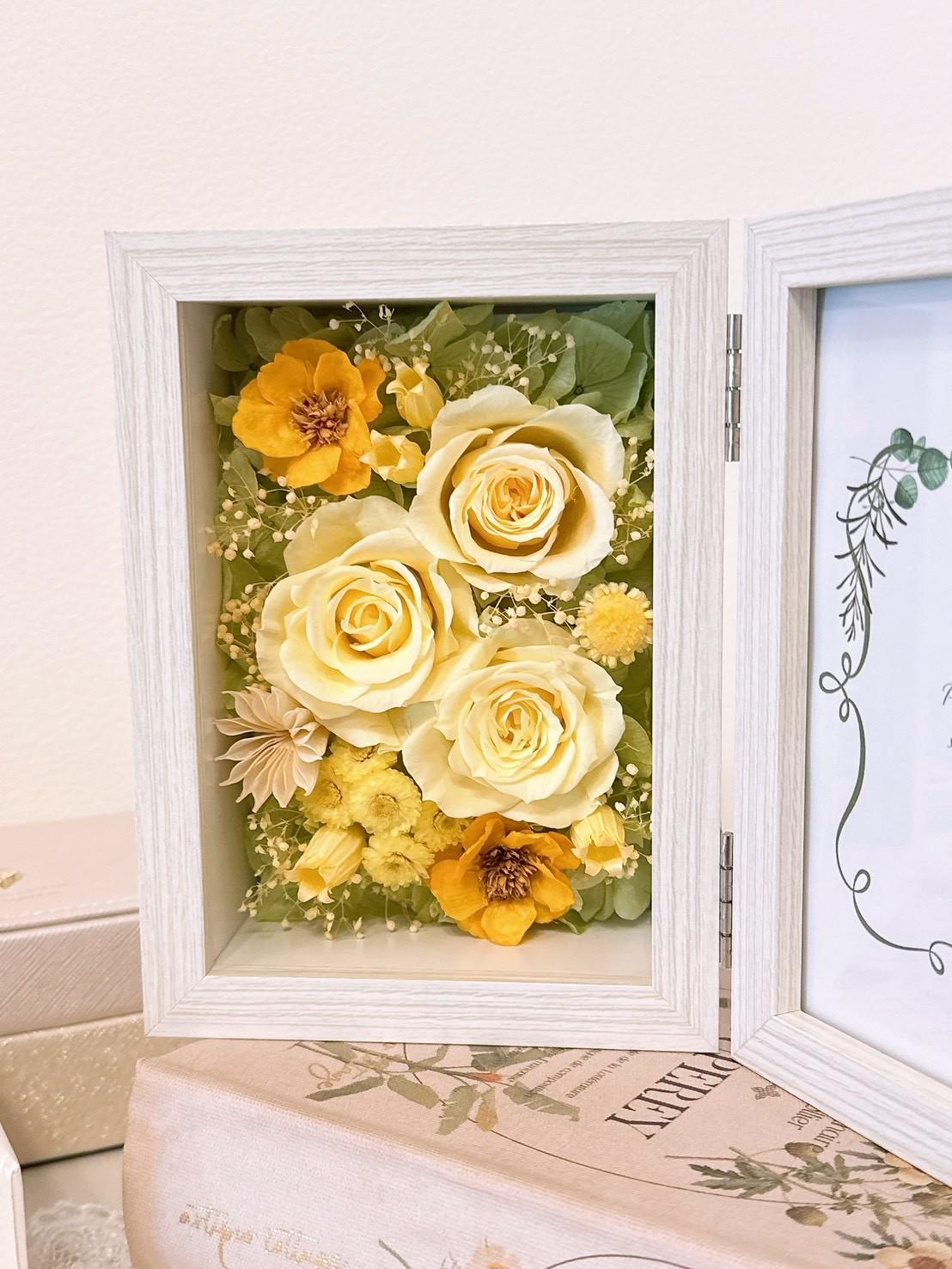 【プレミアム仕様フォトフレーム】 写真立て ボックスアレンジ バラ3輪 結婚 出産 長寿祝 仏花 供花 ペットメモリアル | 9枚目